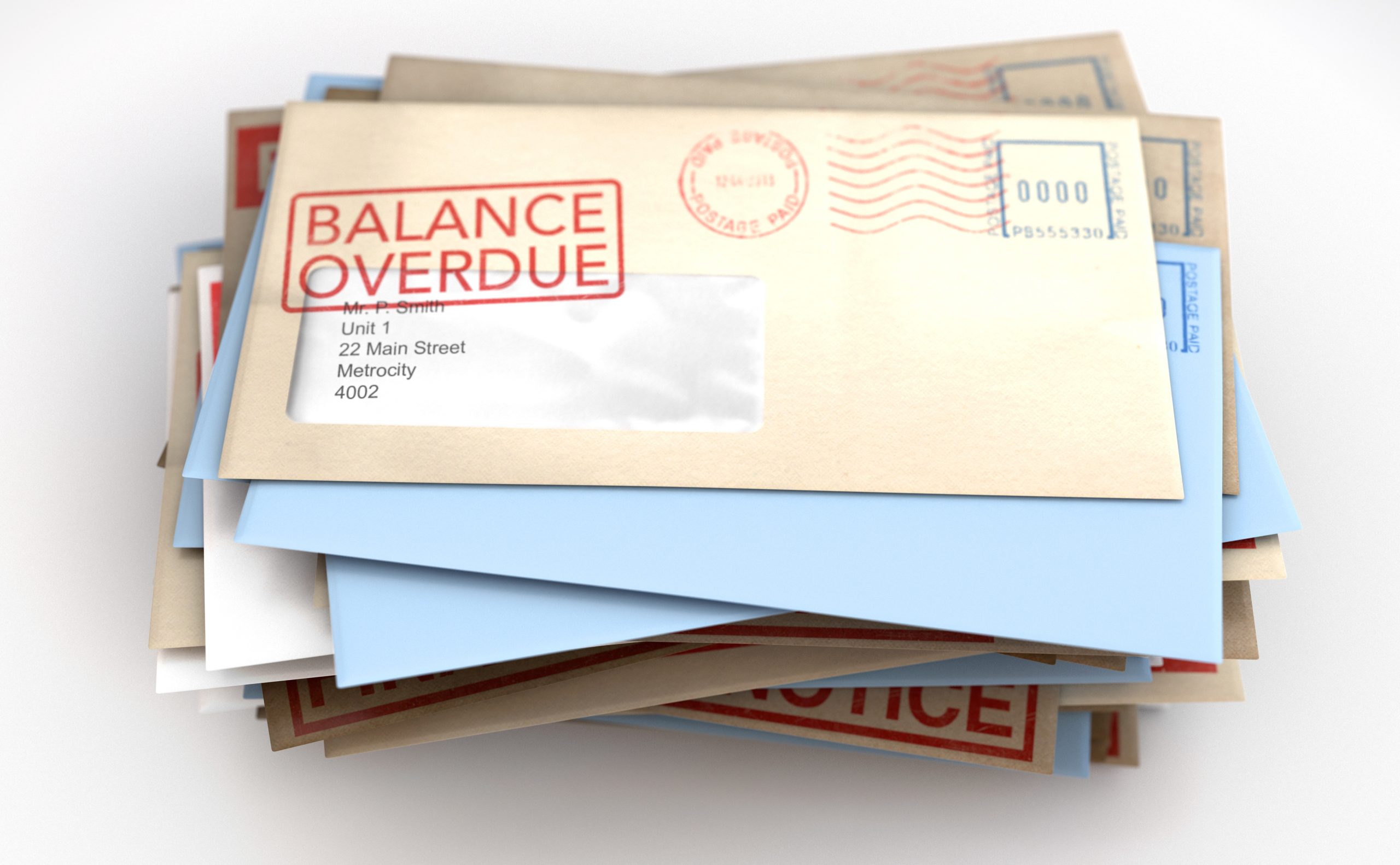 Bills stacked on top of one another with "Balance Overdue" written on the topmost letter.