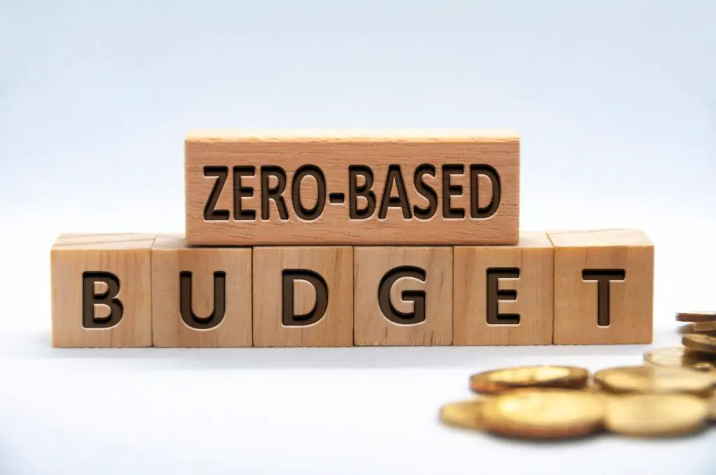 Zero-Based budget text engraved on wooden blocks on white background cover. Business and budgeting concept.